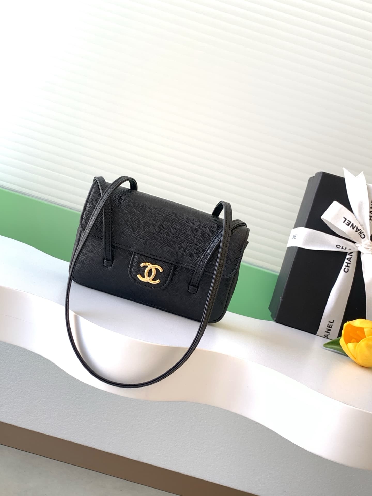 Chanel Clutch with Leather Strap Grained Shiny Calfskin & Gold-Tone Metal Black AP5068 A
