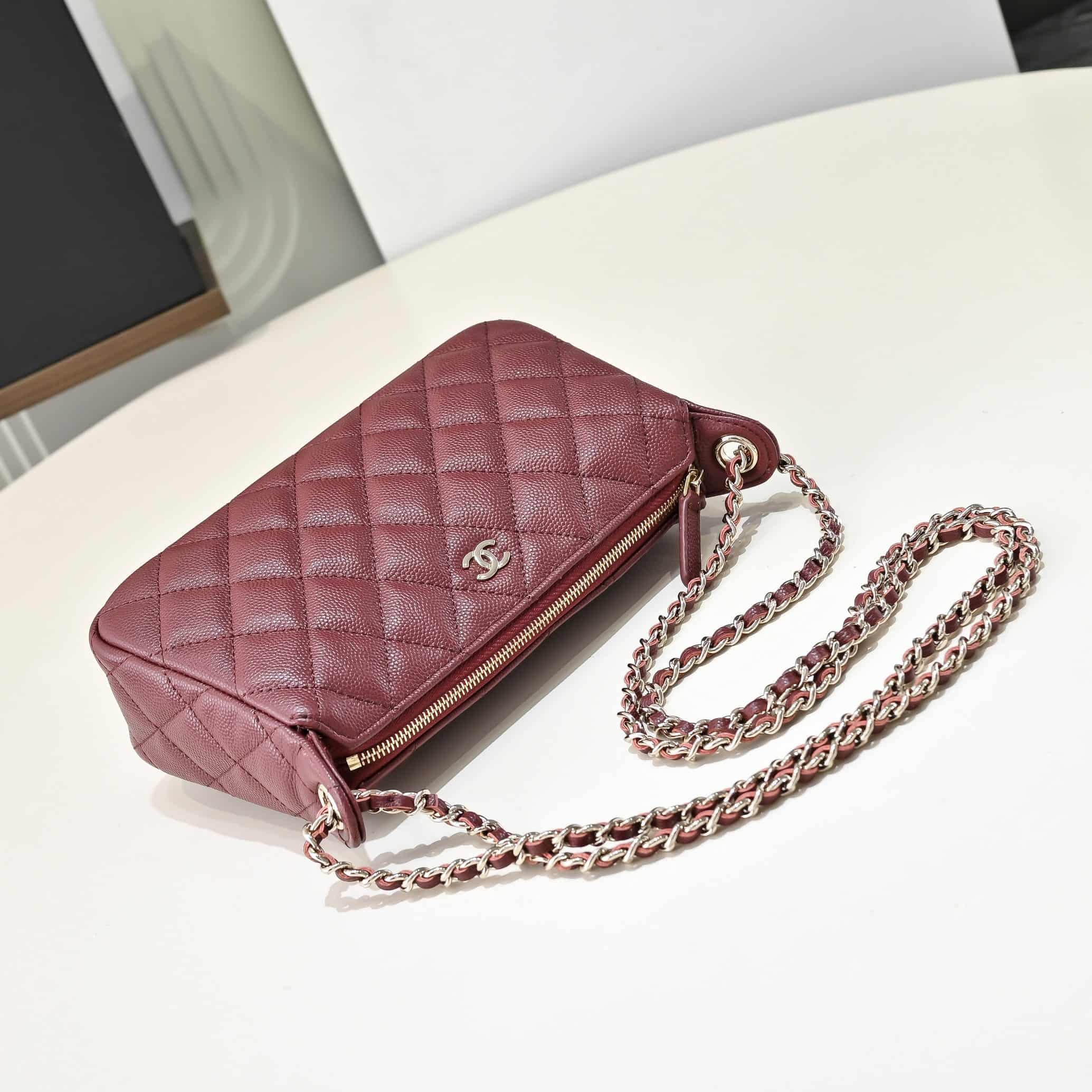 Chanel Chain Wallet Grained Shiny Calfskin & Gold-Tone Metal AS4704 Wine Red A