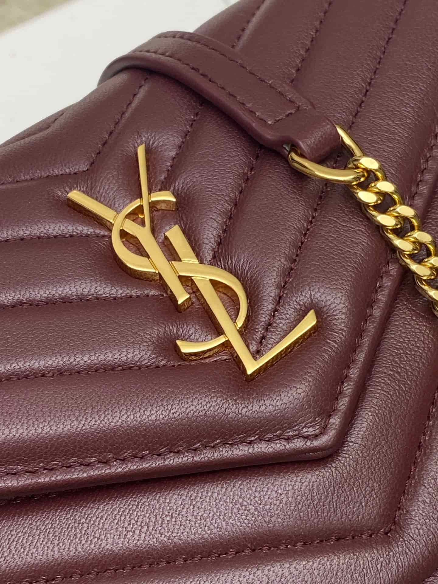 Saint Laurent Monogram Matelassé Cassandre Wallet on Chain Burgundy Lambskin 393953 High