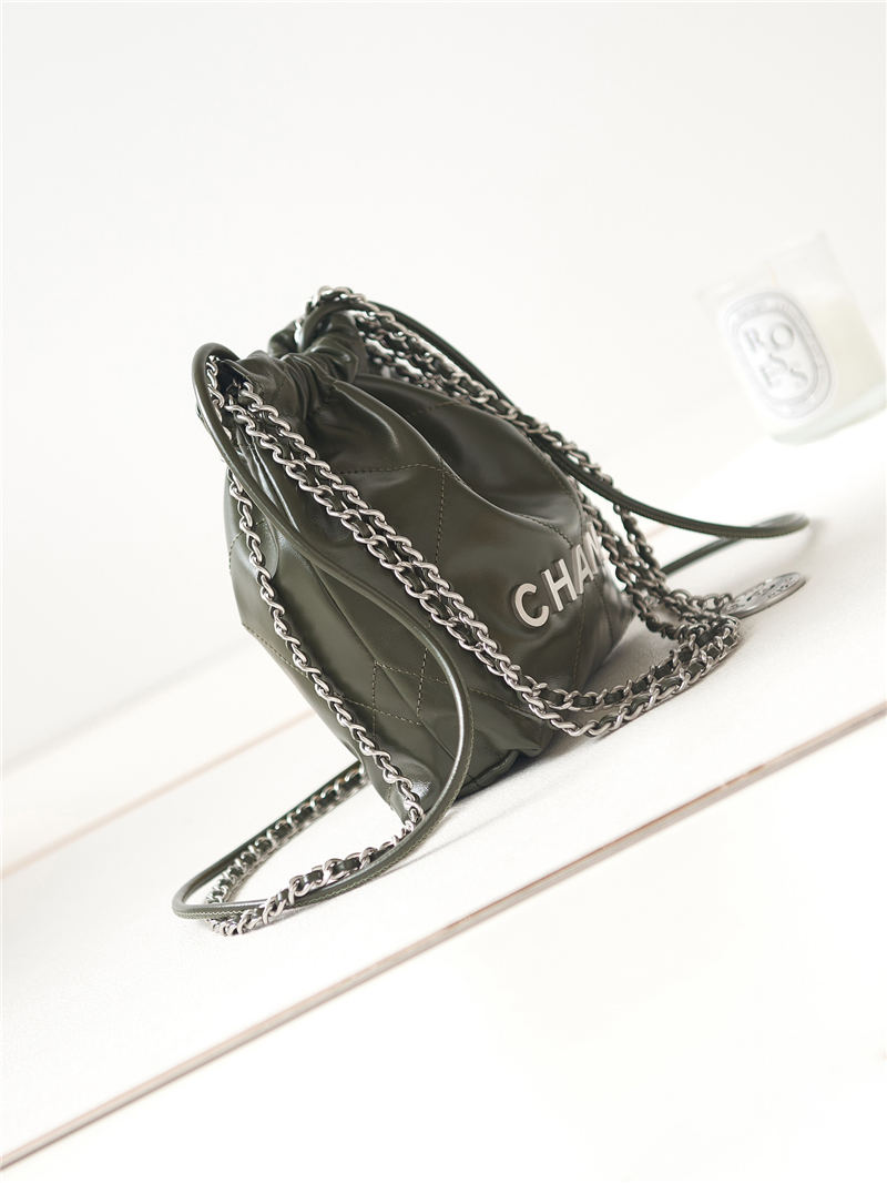 Chanel 22 MINI HANDBAG Shiny Calfskin Olive & Silver-Tone Metal AS3980 A