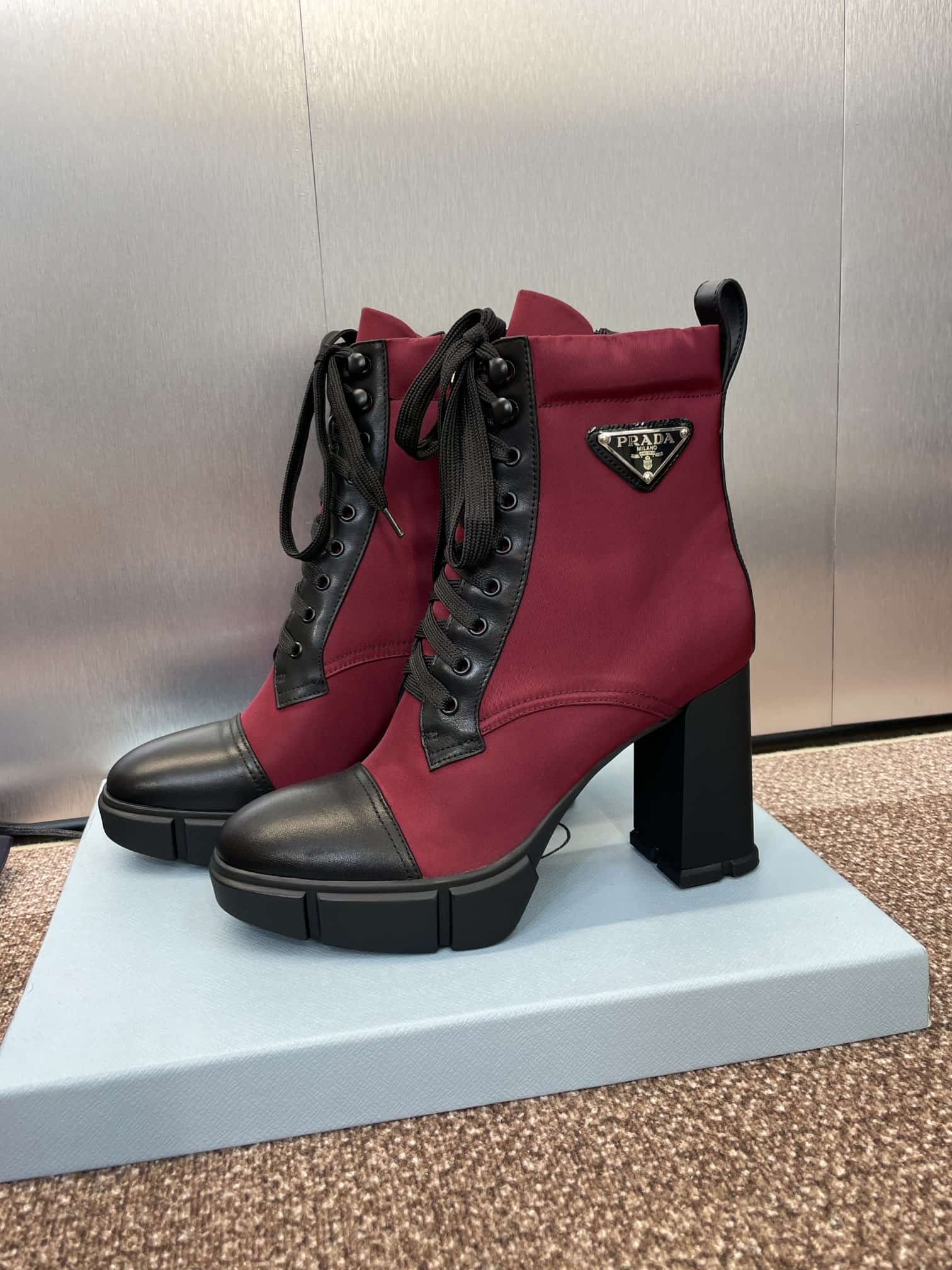 Prada Enameled Metal Triangle Nylon Combat Boots Shoes High Women