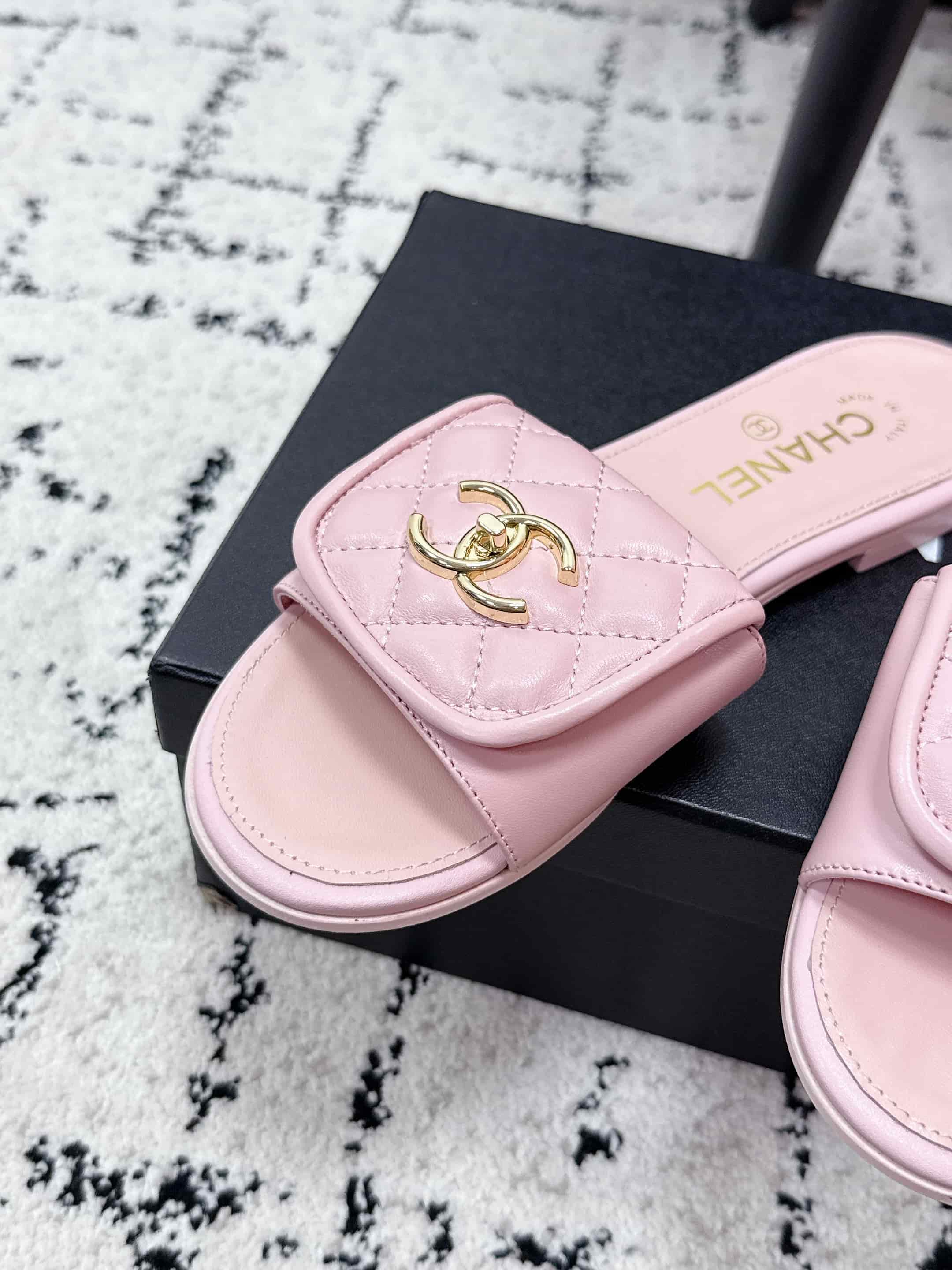 Chanel Pink Turnlock Flat Mules
