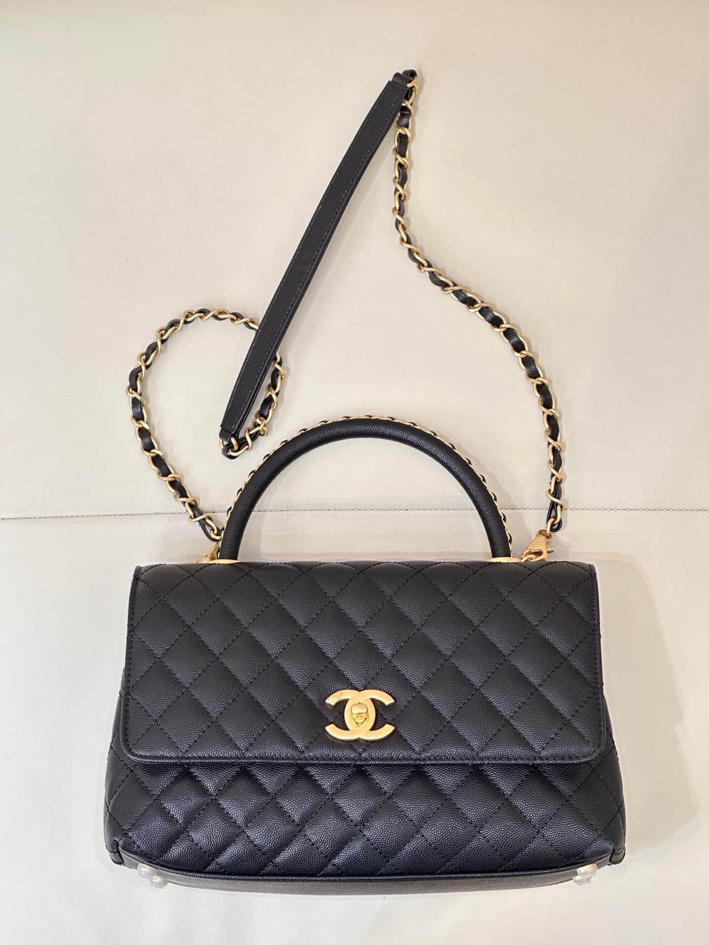 Chanel Medium FLAP BAG WITH TOP HANDLE Grained Calfskin Gold Metal A92991 TOP