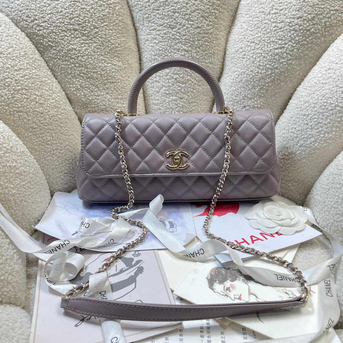 Chanel Maxi Flap Bag with Top Handle Grained Calfskin& Gold-Tone Metal AS6091 Grey A