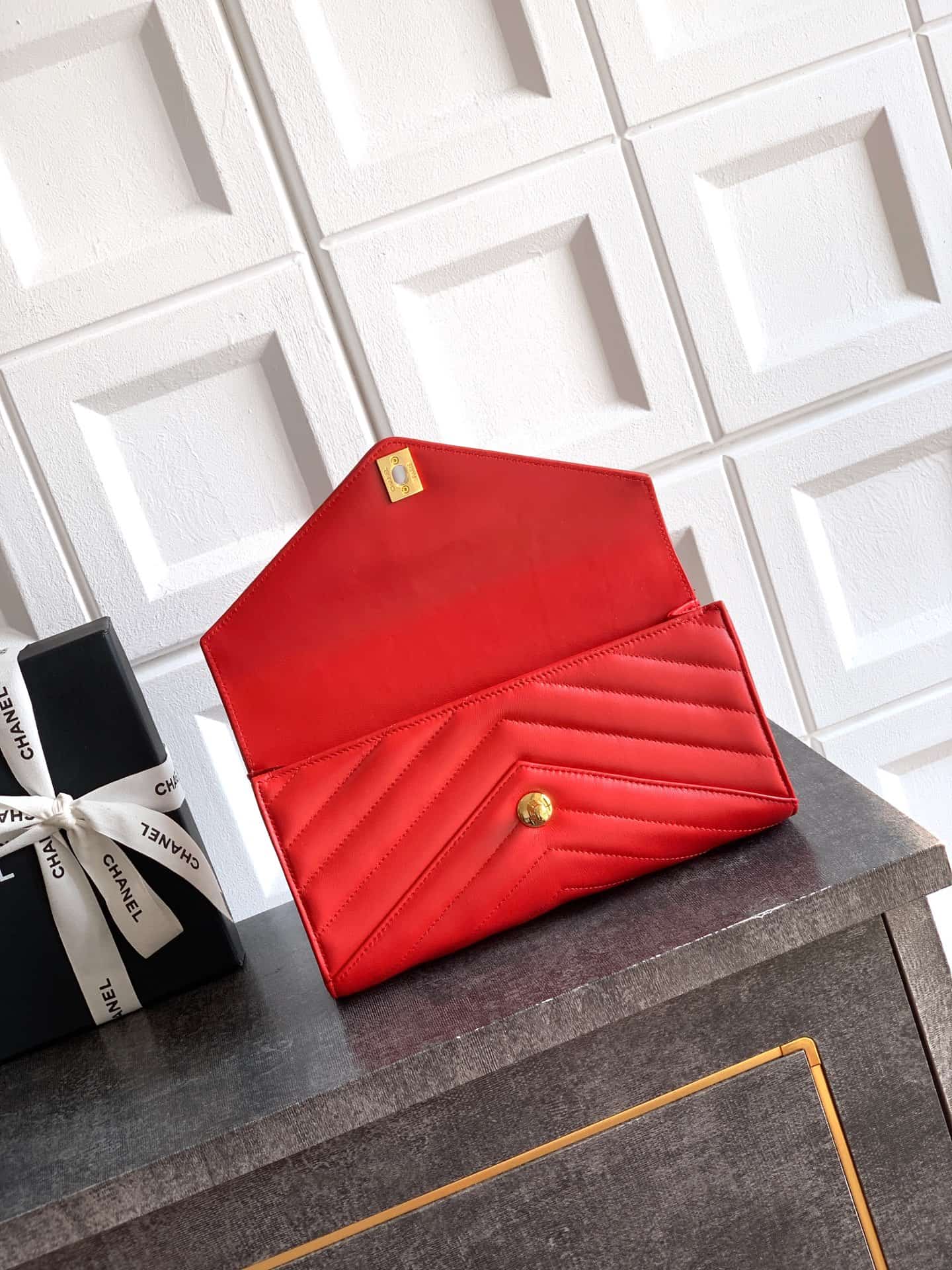 Chanel Flap Bag with Top Handle Chevron Lambskin& Gold-Tone Metal Red AS6044 A