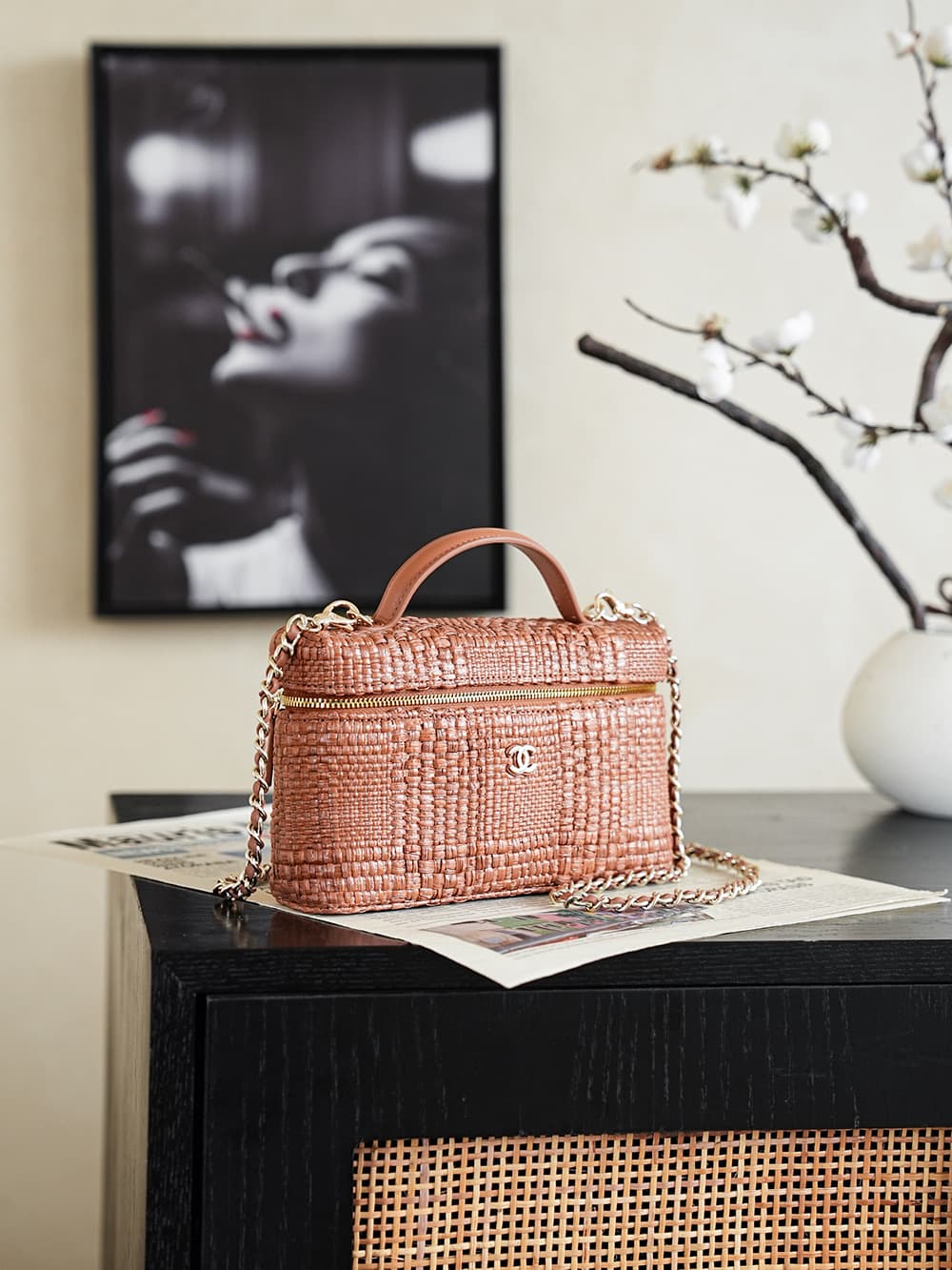 Chanel Classic Vanity with Chain Braided Raffia & Gold-Tone Metal Brown AP4385 A