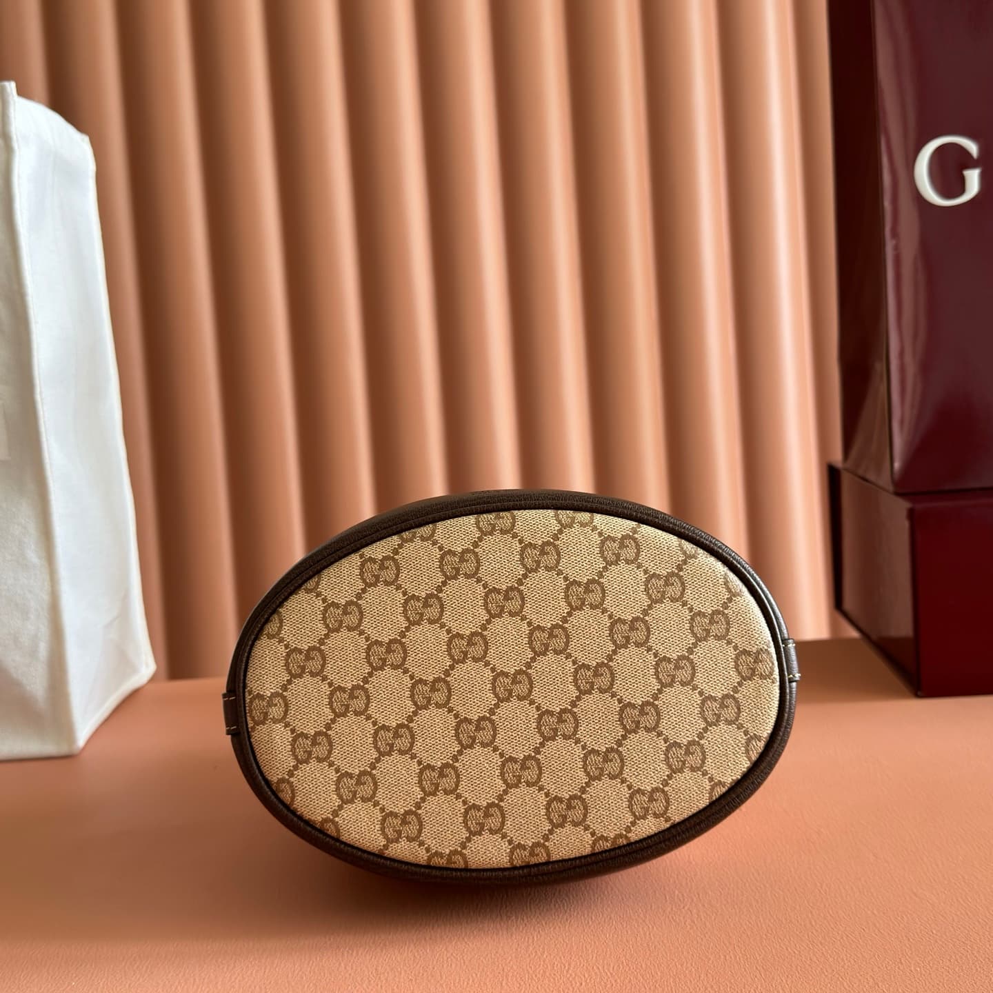 Gucci Mini bucket bag with Web Sand and dark brown GG coated canvas 876060 High