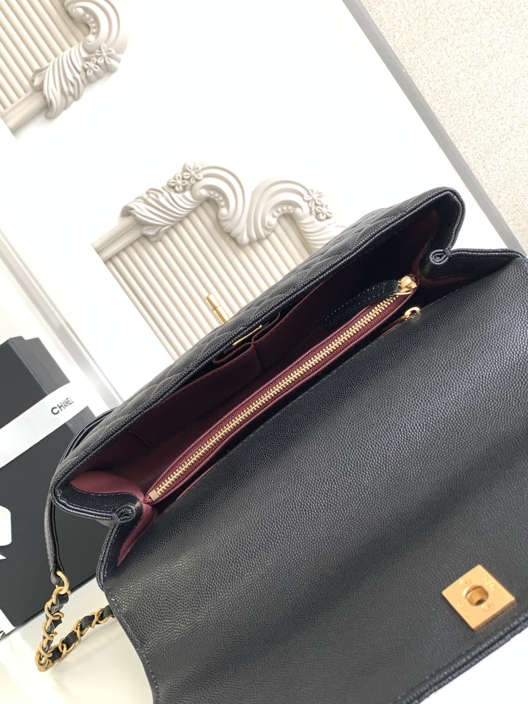 Medium FLAP BAG WITH TOP HANDLE Grained Calfskin A92991 Black-binding Gold Metal A