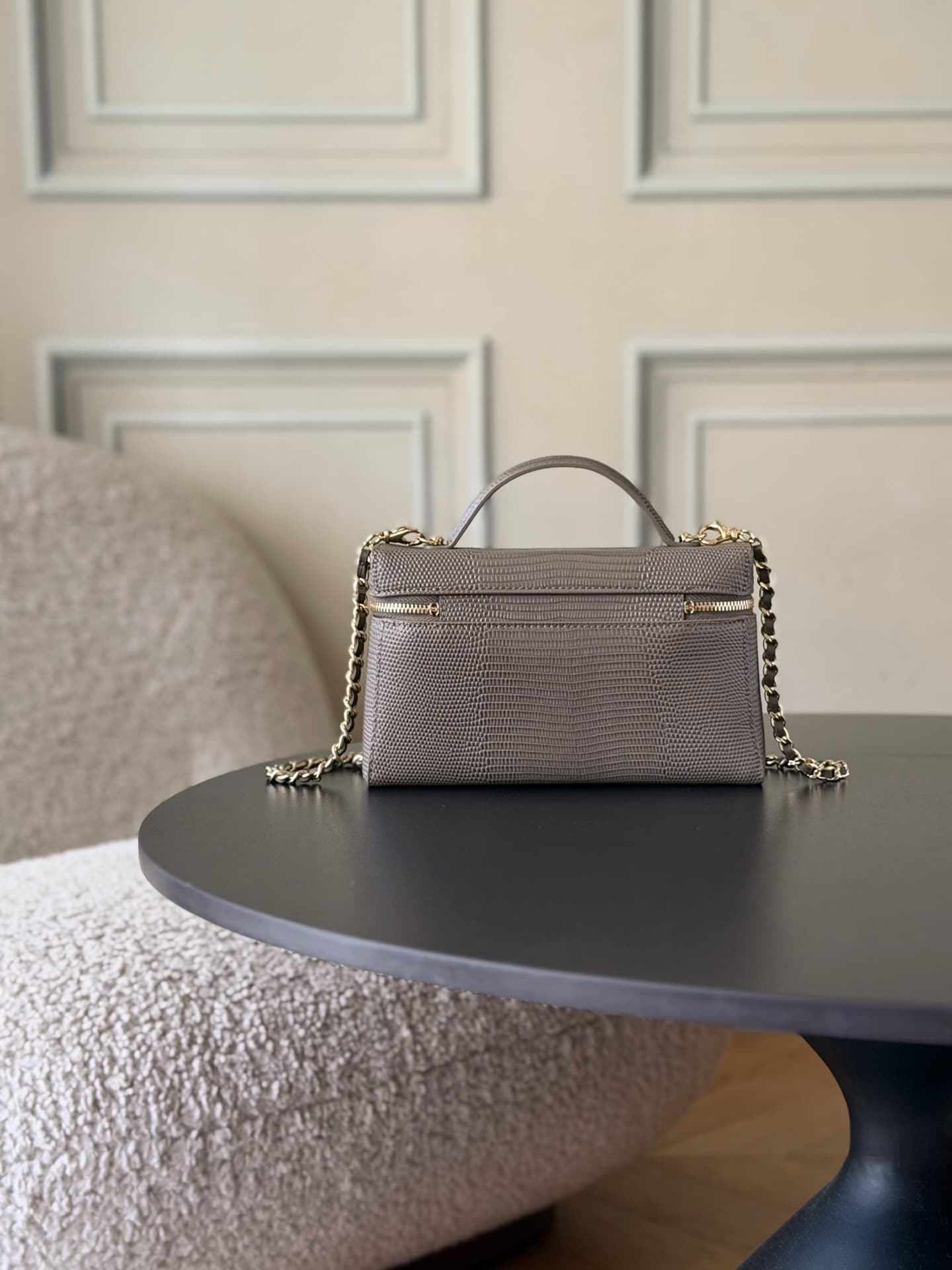 Chanel Small Vanity with chain Lizard Embossed Calfskin & Gold-Tone Metal Dark Khaki AS5346 A