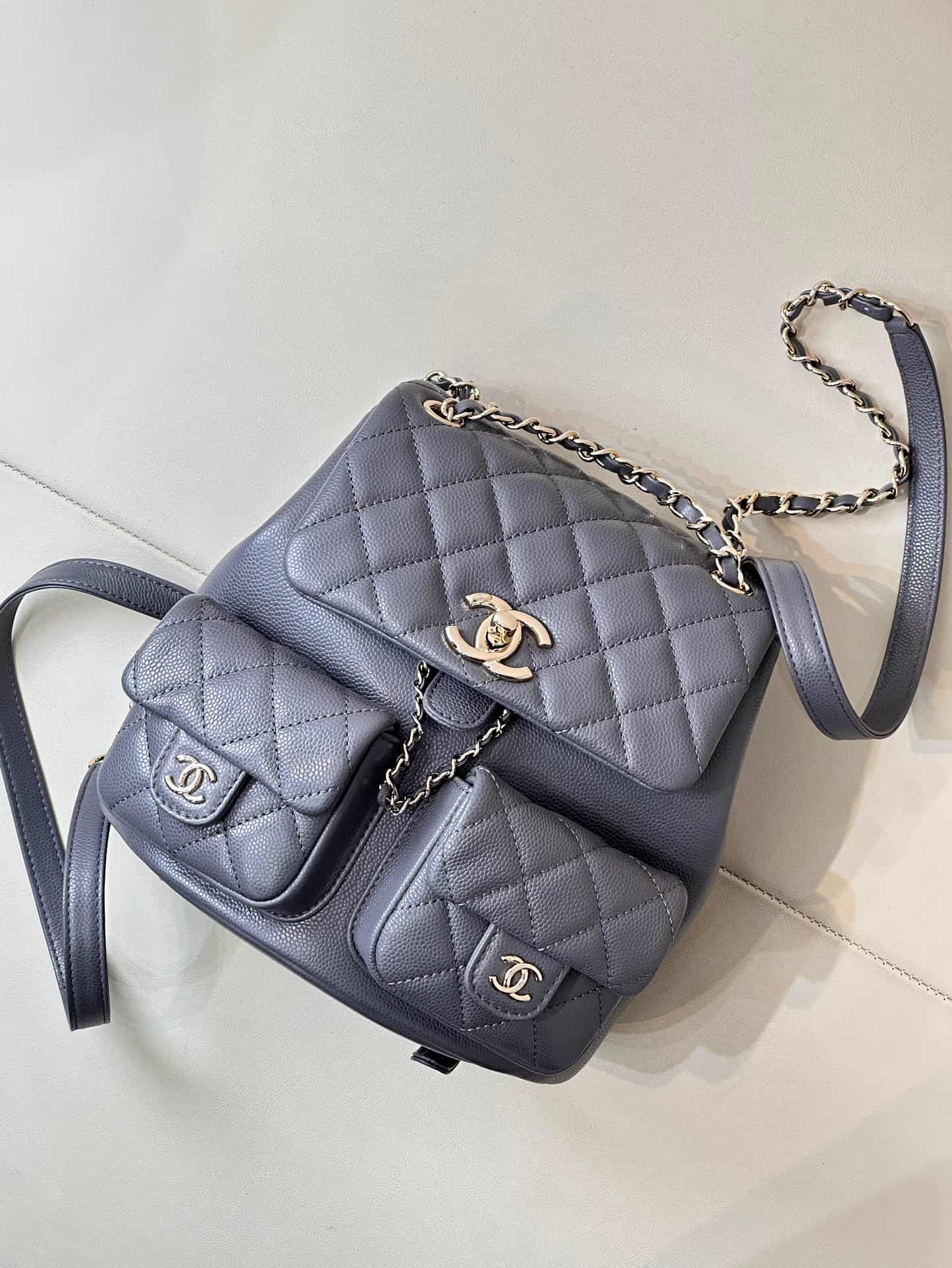 Chanel BACKPACK AS3860 Grained Shiny Calfskin & Gold-Tone Metal Dark Grey TOP