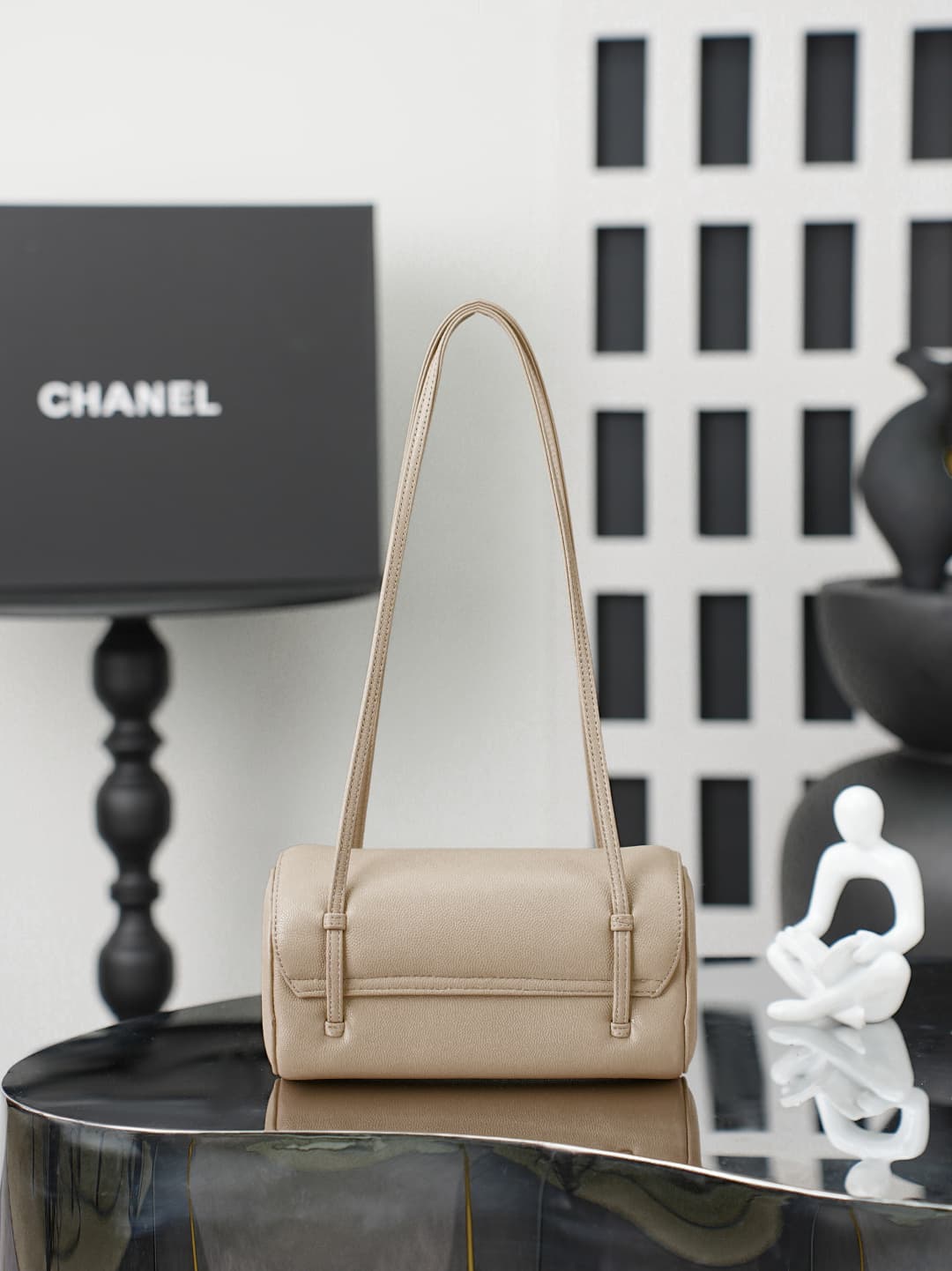Chanel Small Bowling Bag Grained Shiny Calfskin & Gold-Tone Metal AS6143 Beige High