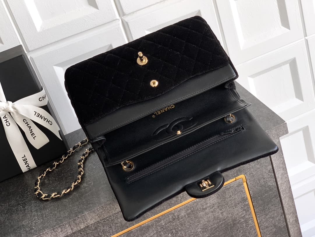 Chanel Medium CLASSIC HANDBAG Velvet  & Gold-Tone Metal Black A
