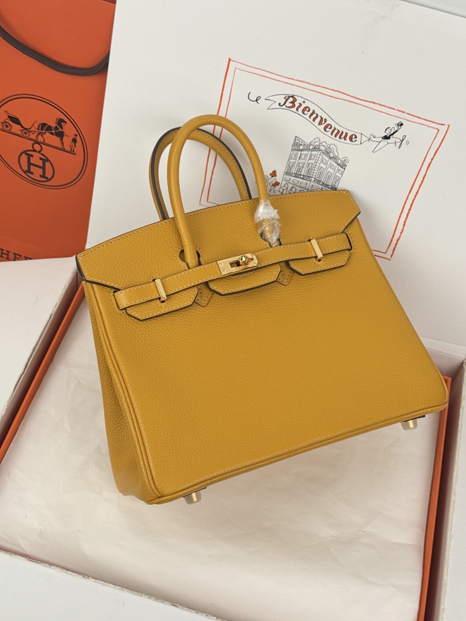 Hermes Birkin 25/30 Bag Togo Calfskin Leather Jaune Ambre High