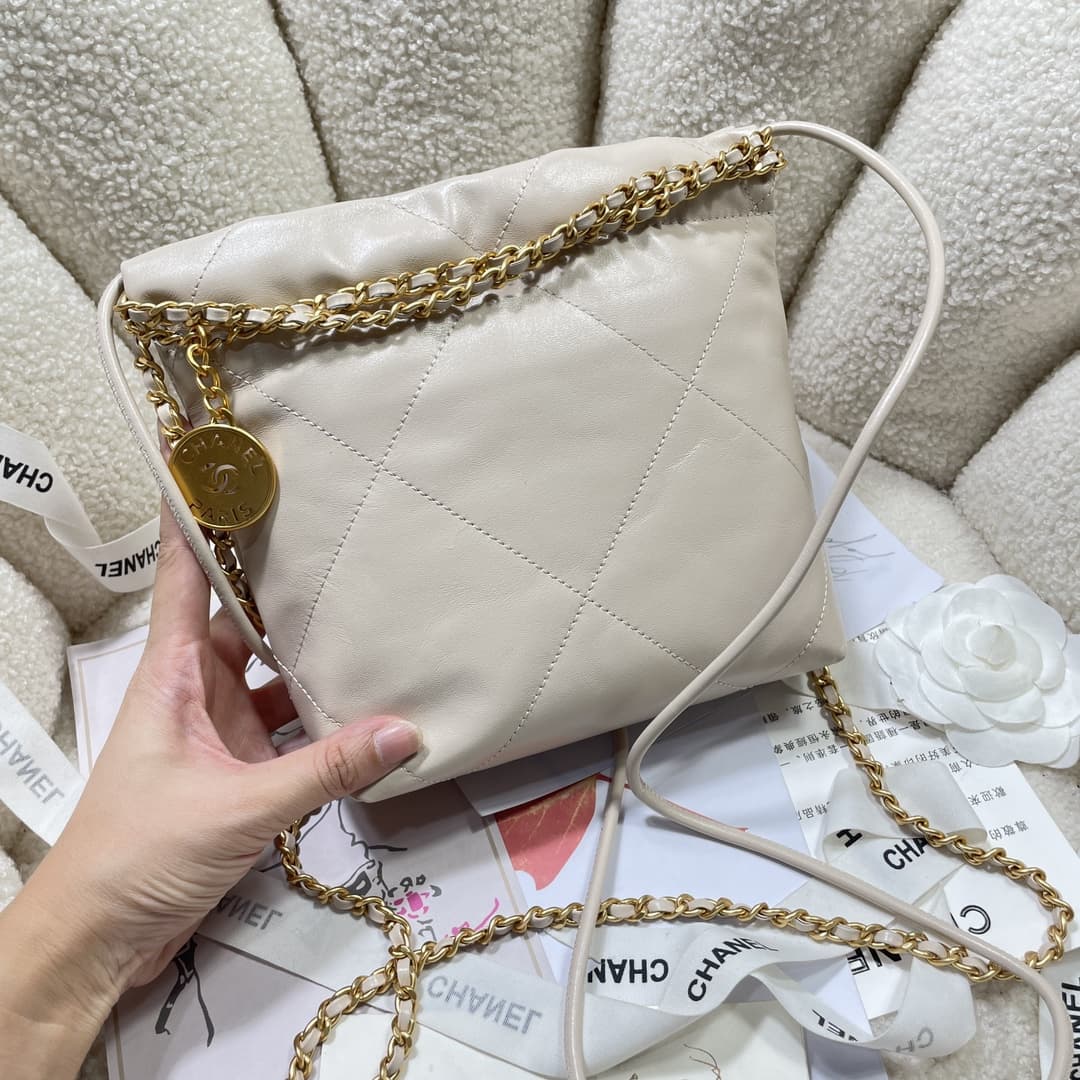 Chanel 22 MINI HANDBAG Shiny Calfskin Cream & Gold-Tone Metal AS3980 High