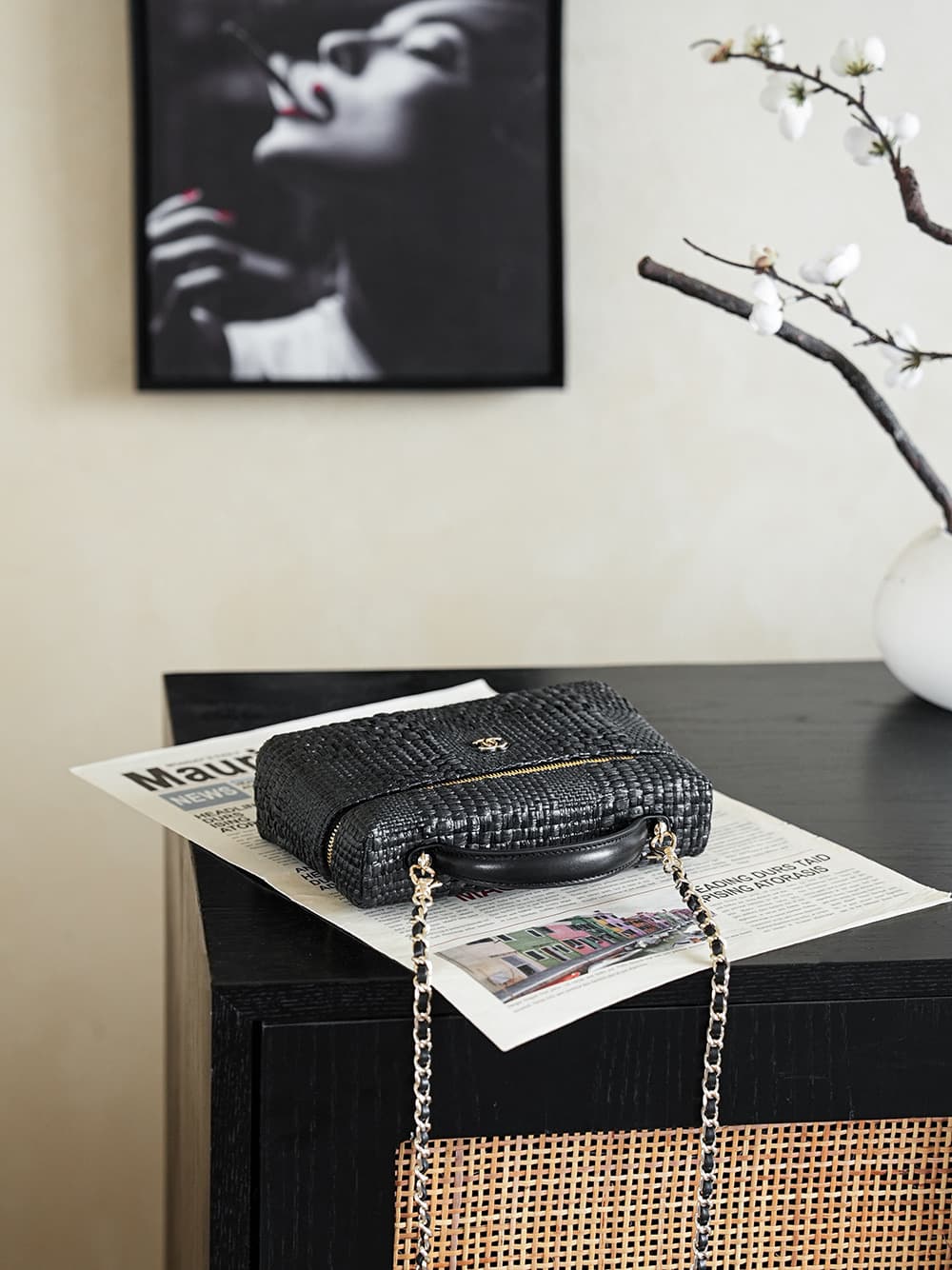 Chanel Classic Vanity with Chain Braided Raffia & Gold-Tone Metal Black AP4385 A