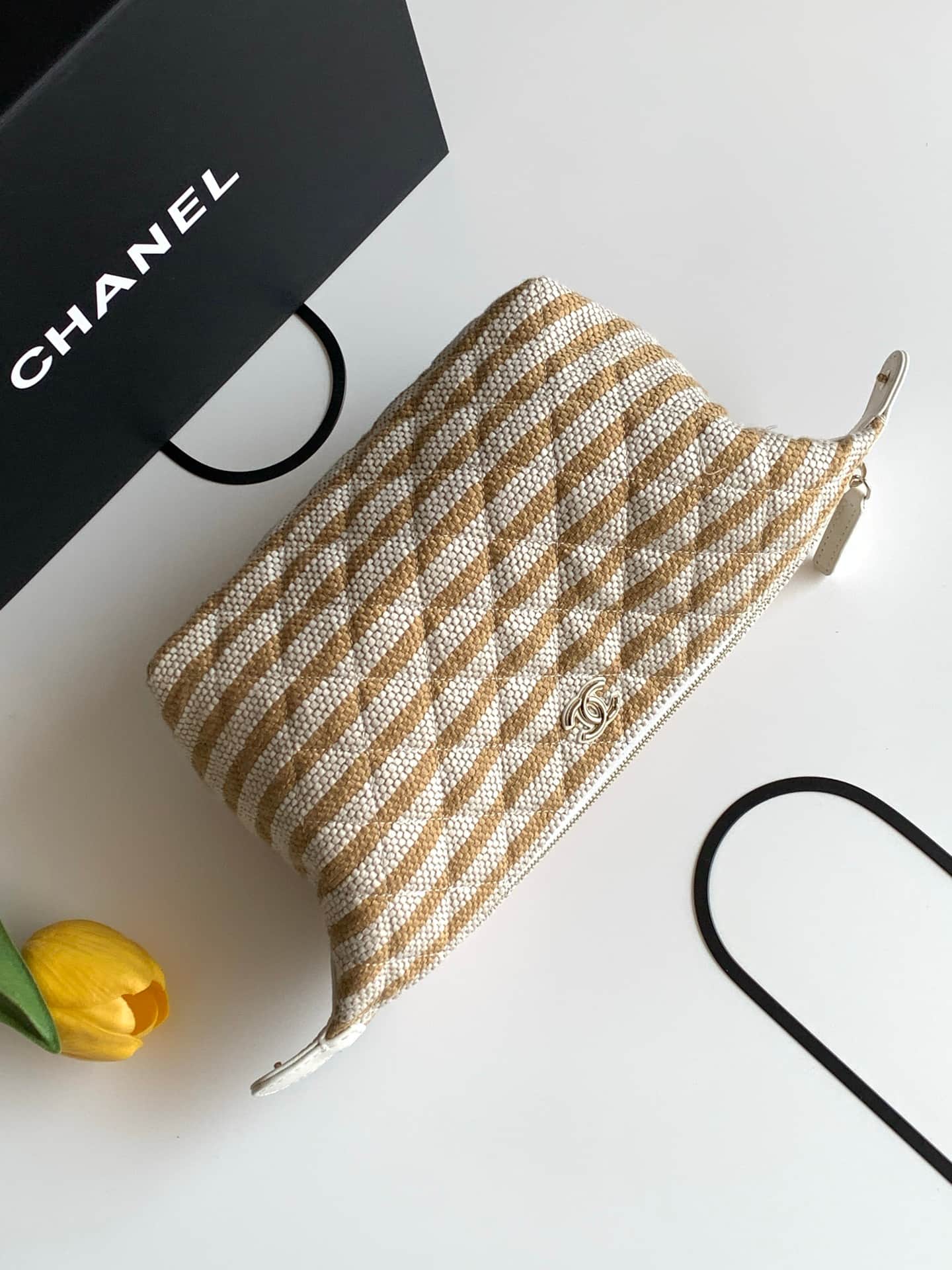 CHANEL Stripe Cosmetic Pouch Bag Printed fabric & Gold-Tone Metal Beige & Light Beige AP4990 A