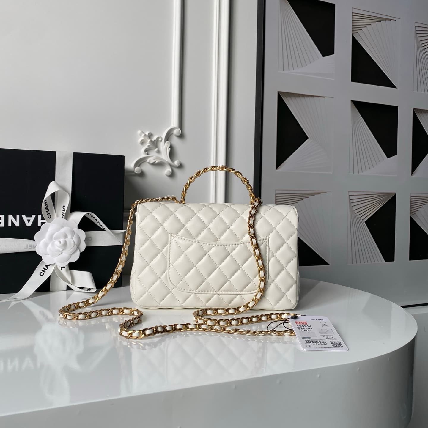 Chanel Small Flap Bag with Top Handle Lambskin& Gold-tone Metal White AS5814 A