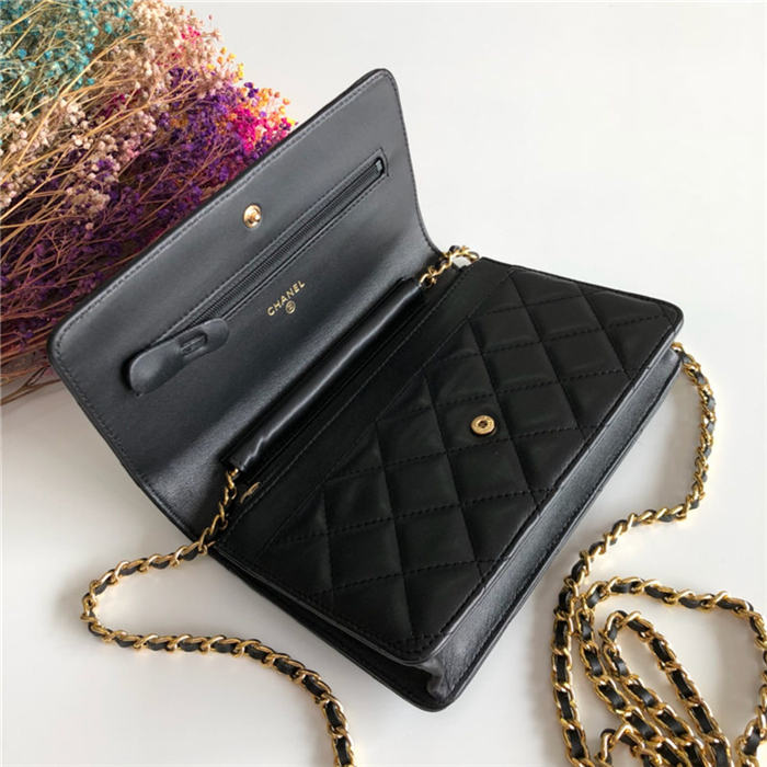 Classic Wallet on Chain A33814 Lambskin Black Silver Metal B