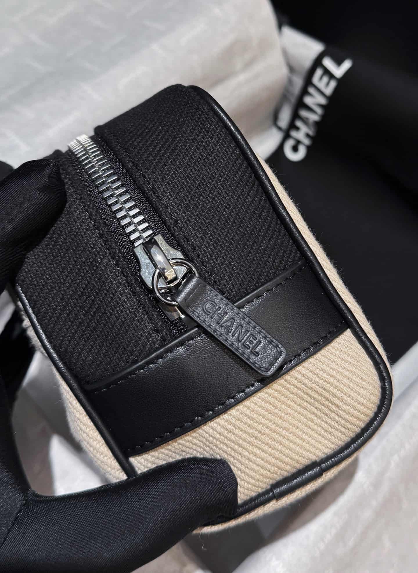 Chanel Small Zipped Pouch Canvas Calfskin Beige & Black AP5266 A