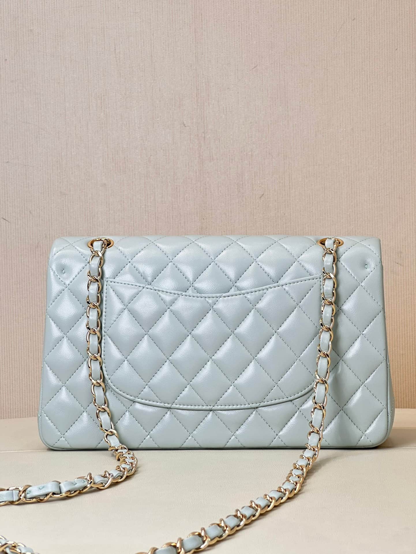 Chanel Medium CLASSIC HANDBAG Lambskin Gold-Tone Metal Light Blue TOP