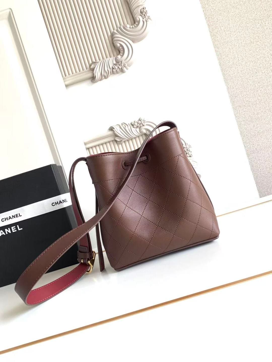 Chanel Small Bucket Bag Calfskin Leather & Gold-Tone Metal Dark Brown AS6537 A