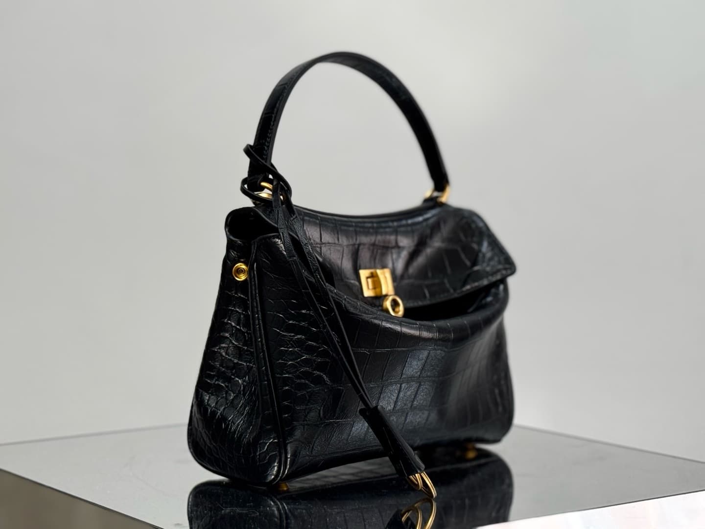 Balenciaga Rodeo Mini Bag in Black Crocodile Embossed Calfskin With Gold-Tone Metal TOP