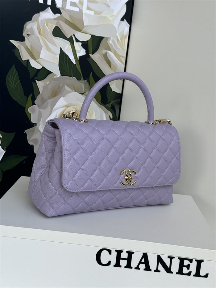 Medium FLAP BAG WITH TOP HANDLE Grained Calfskin Purple-binding Gold Metal High