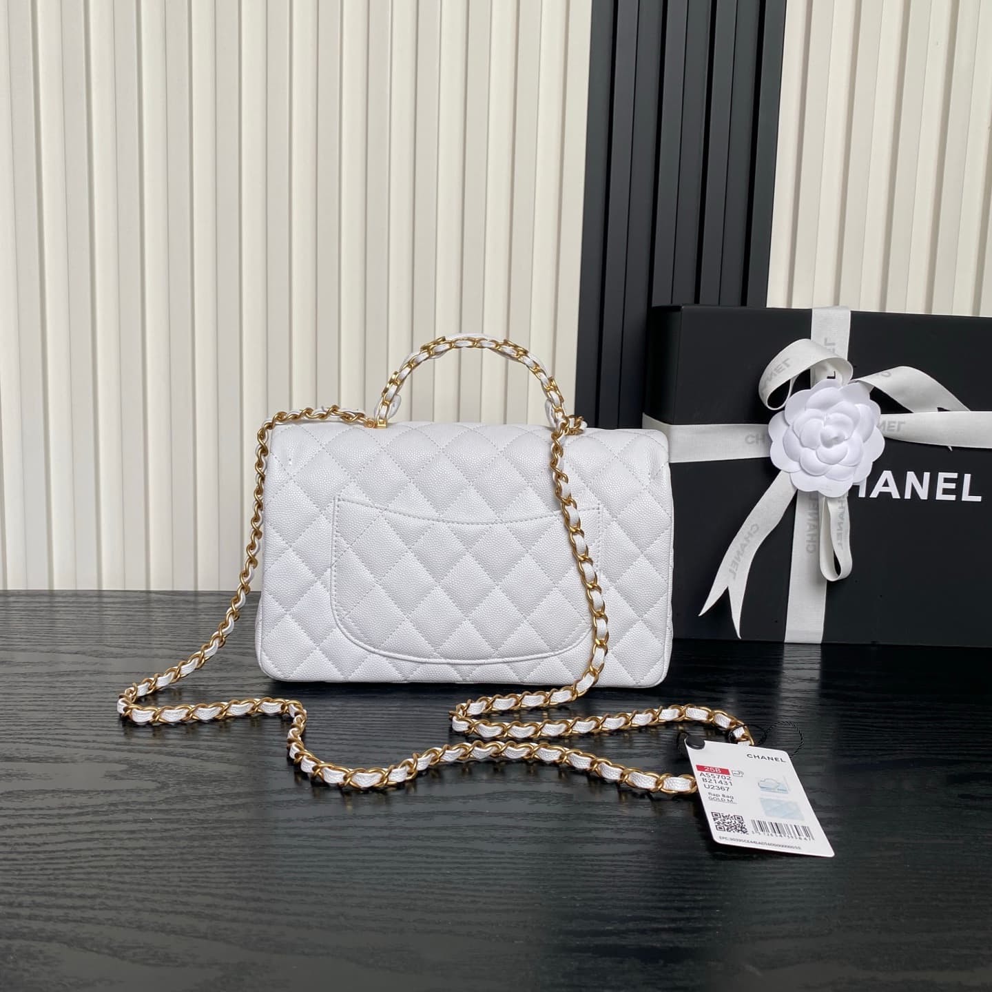 Chanel Small Flap Bag with Top Handle Grained Shiny Calfskin &  Gold-Tone Metal White AS5702 A