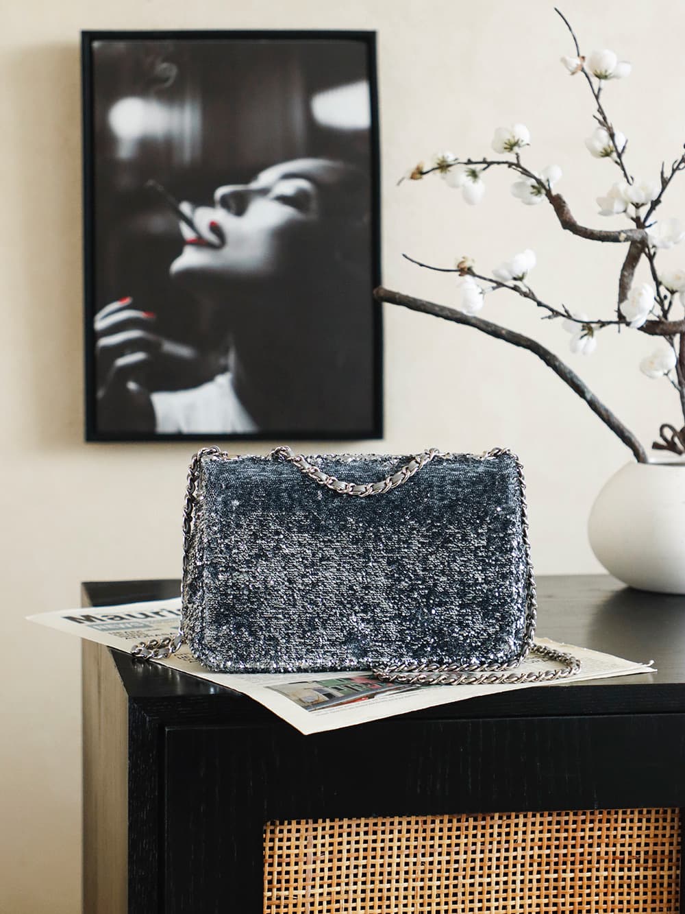 Chanel Flap Bag With Silver Sequins A