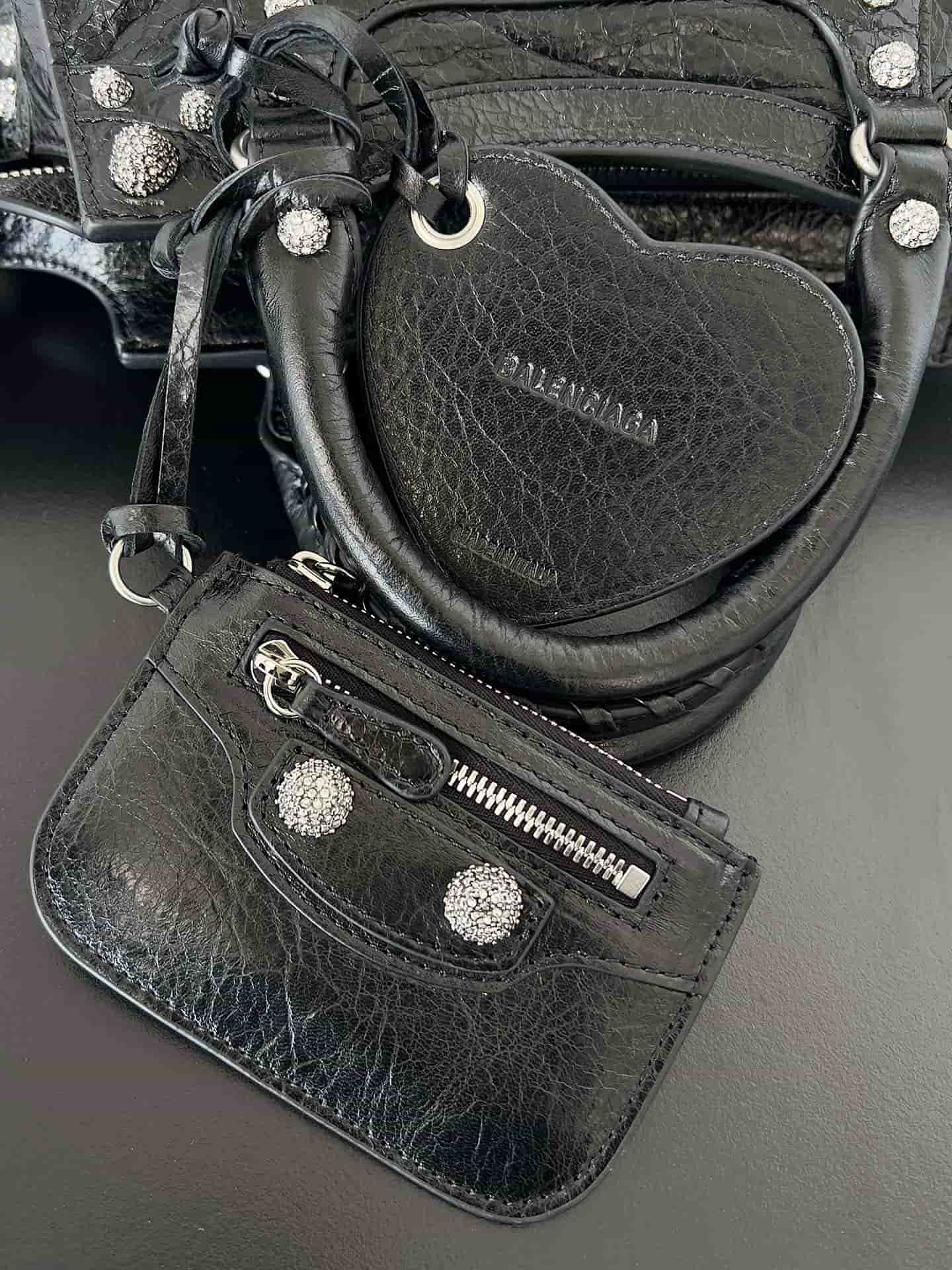 Balenciaga Small Neo Cagole City bag in Black lambskin leather with crystal rhinestones High