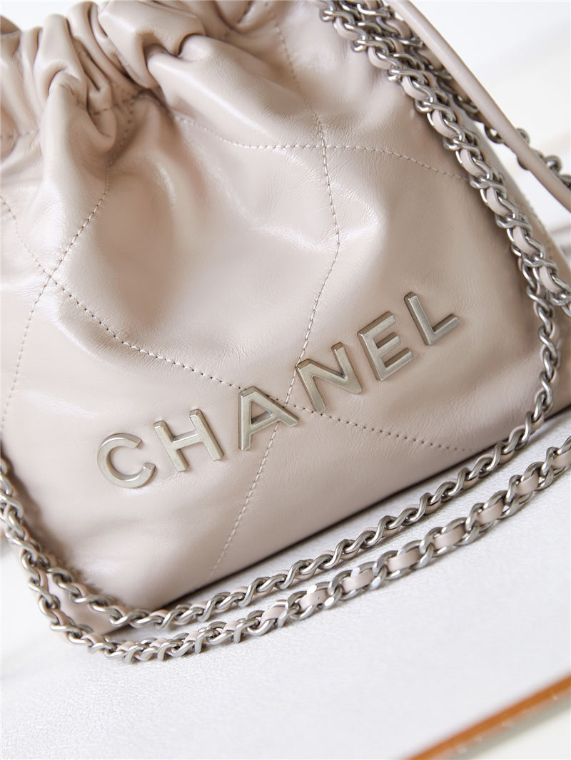 Chanel 22 MINI HANDBAG Shiny Calfskin Nude & Silver-Tone Metal AS3980 A