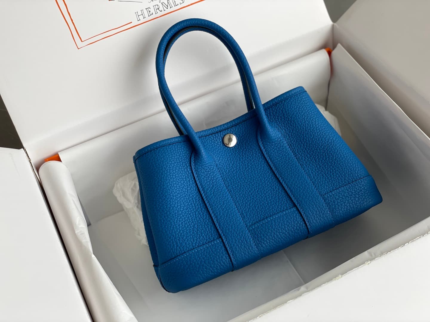 Hermes Garden Party 23 bag in Blue Hydra Togo Leather WAX High