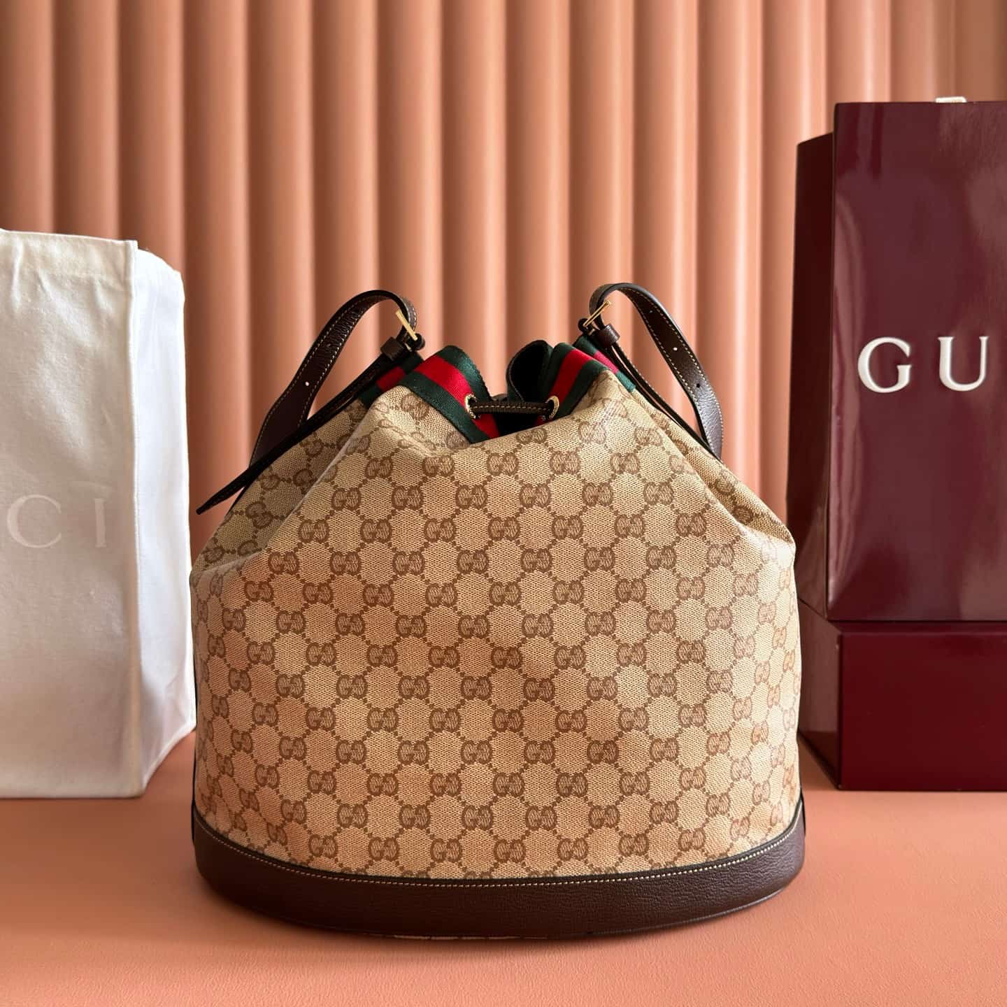 Gucci Venice large bucket bag Sand and dark brown GG coated canvas 875238 High