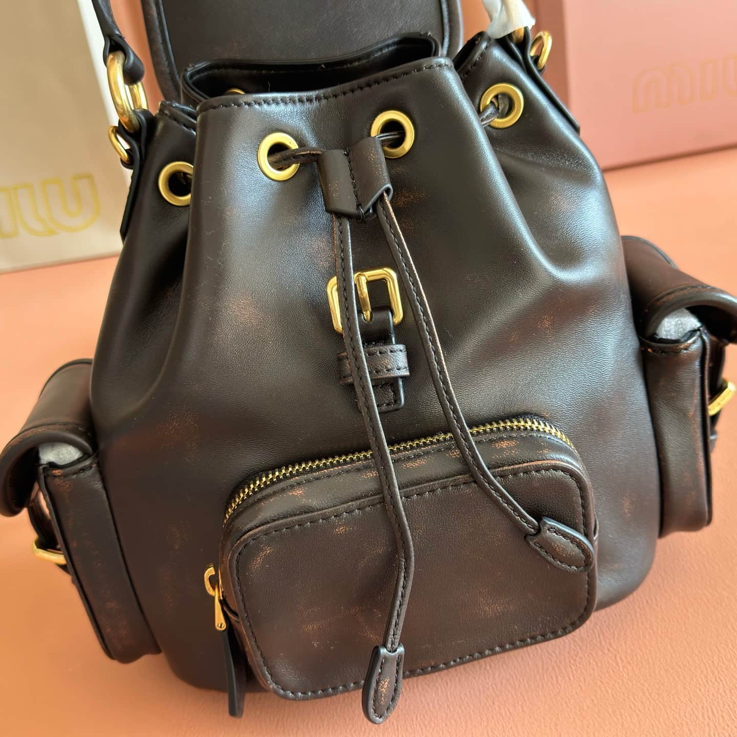 Miu Miu Leather backpack Coffee Calfskin 5BZ043  TOP