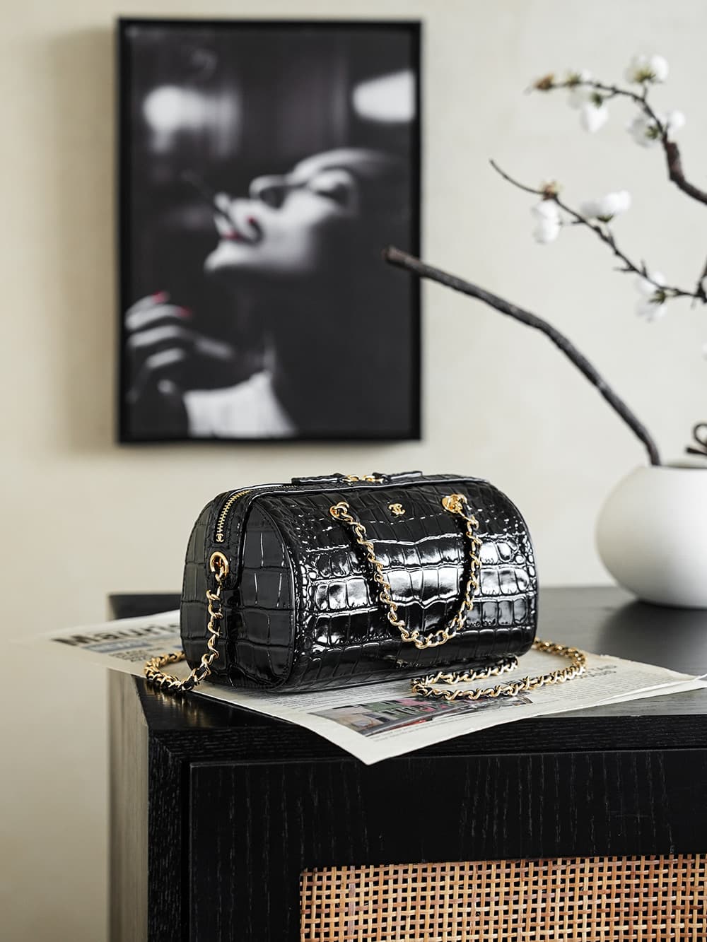Chanel Mini Timeless Classic Barrel Bag crocodile-embossed calfskin& Gold-Tone Metal Black AP5390 A
