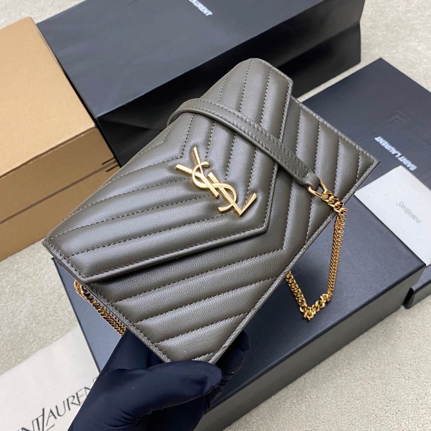 Saint Laurent Monogram Matelassé Cassandre Wallet on Chain Green Lambskin 393953 High