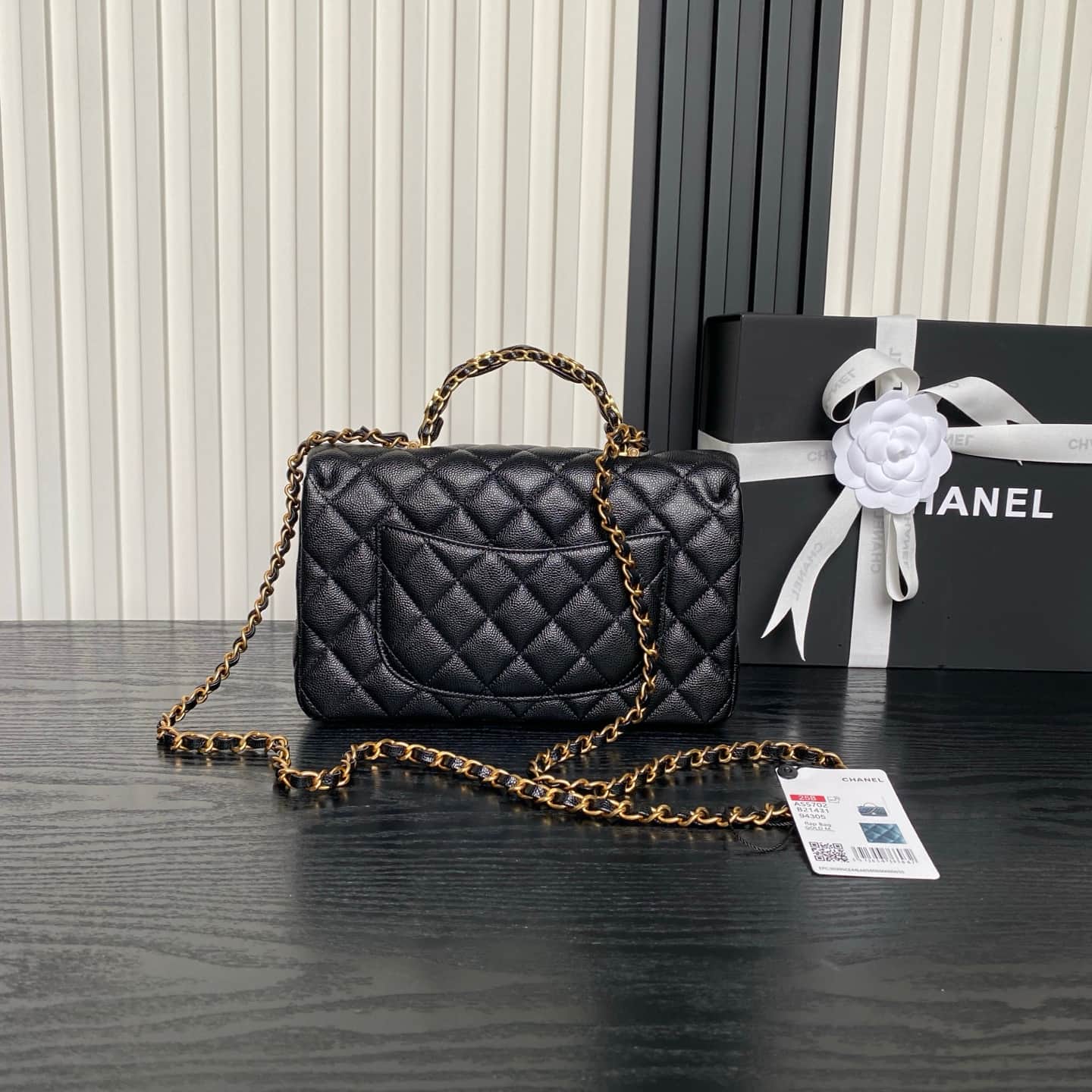 Chanel Small Flap Bag with Top Handle Grained Shiny Calfskin &  Gold-Tone Metal Black AS5702 A