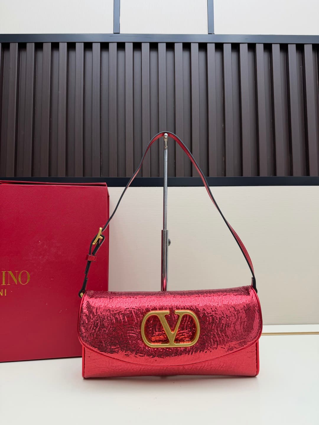 Valentino Garavani Devain Small Nappa Sequins Shoulder Bag Red High