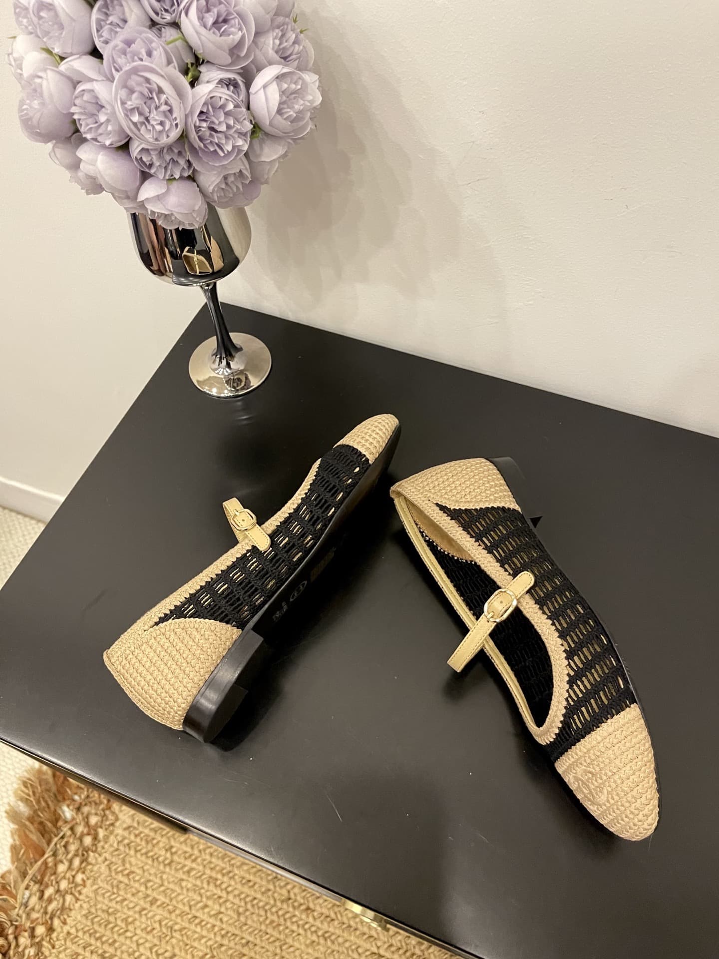 Chanel Raffia Ballet Flats Shoes Low Women