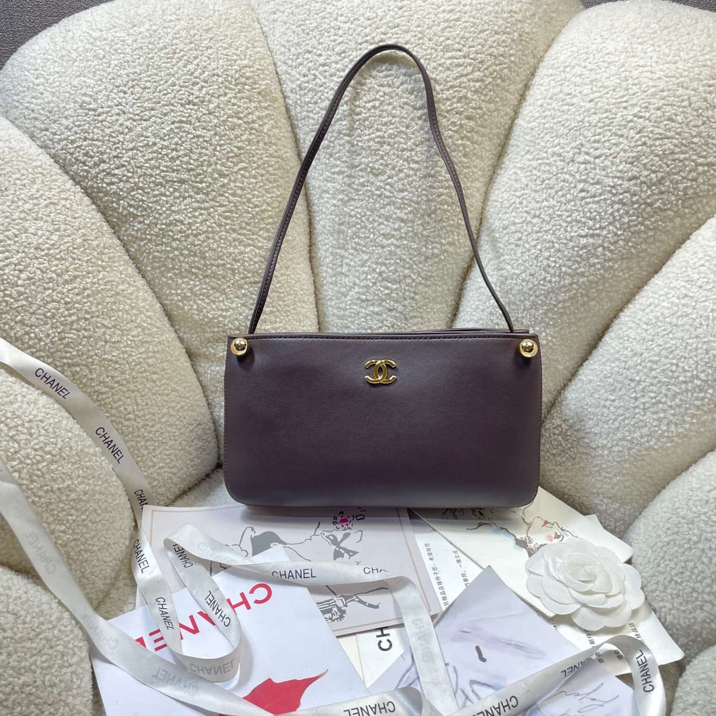 Chanel Shoulder Bag Shiny Calfskin& Gold-Tone Metal Dark Brown AS6238 High