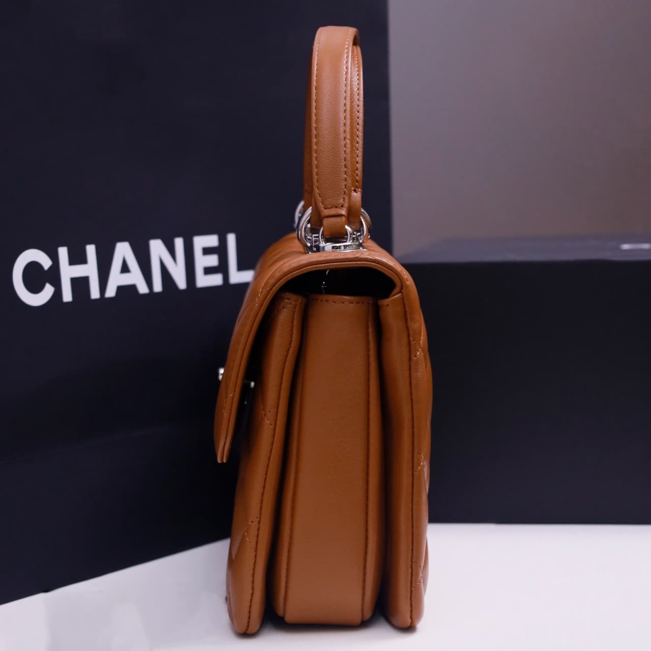 SMALL FLAP BAG WITH TOP HANDLE Lambskin Silver Metal Tan A