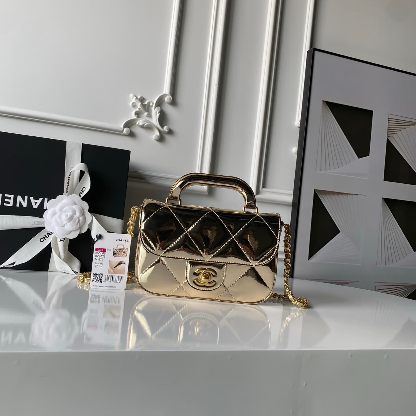 Chanel Mini Flap Bag with Top Handle Metallic Mirror Calfskin& Gold-tone Metal Gold AS5805 A
