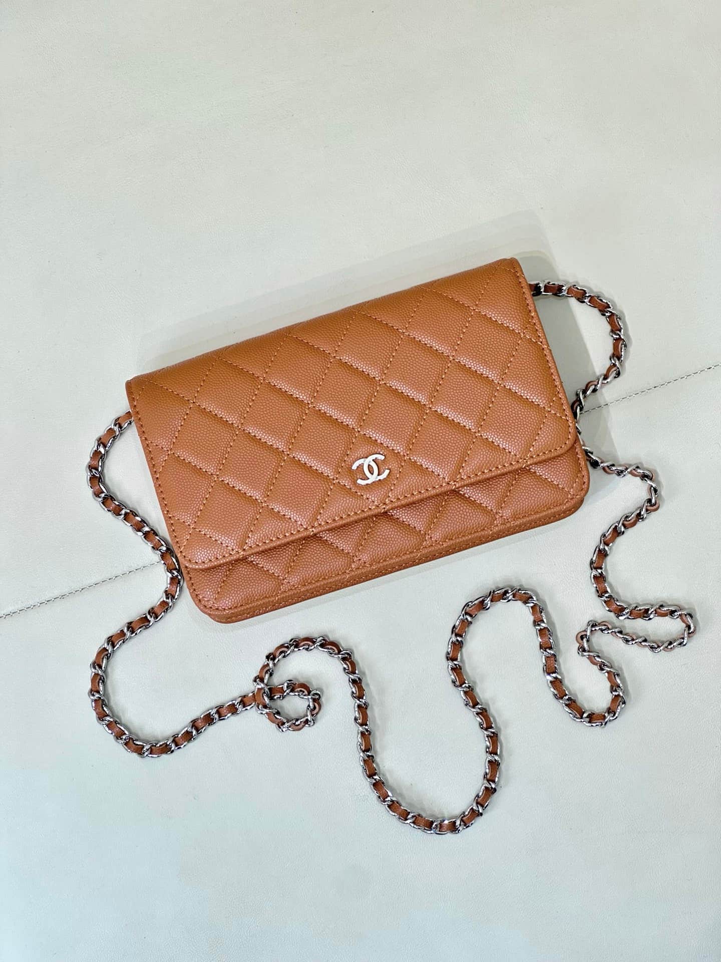 Chanel Wallet on Chain Grained Calfskin& Silver-tone Metal AP0250 Caramel TOP