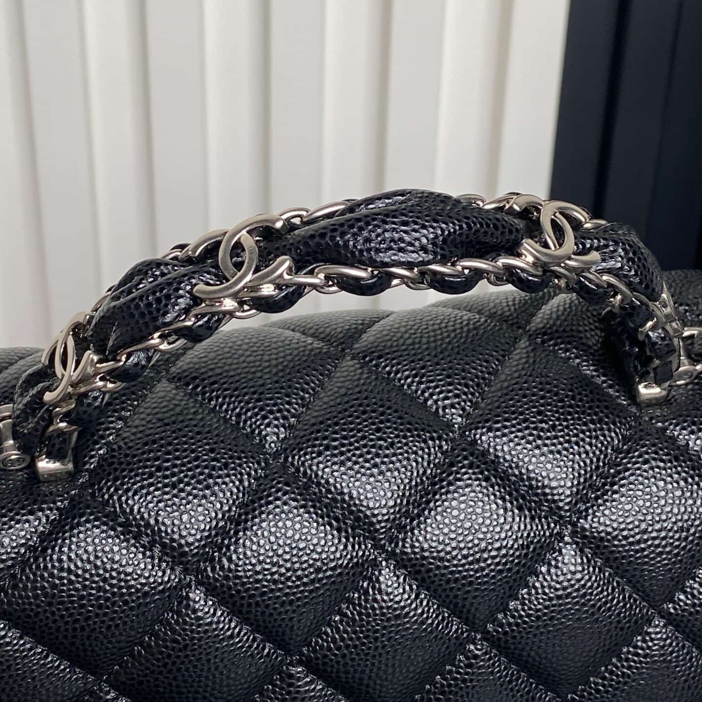 Chanel Small Flap Bag with Top Handle Grained Shiny Calfskin & Silver-Tone Metal Black AS5702 A