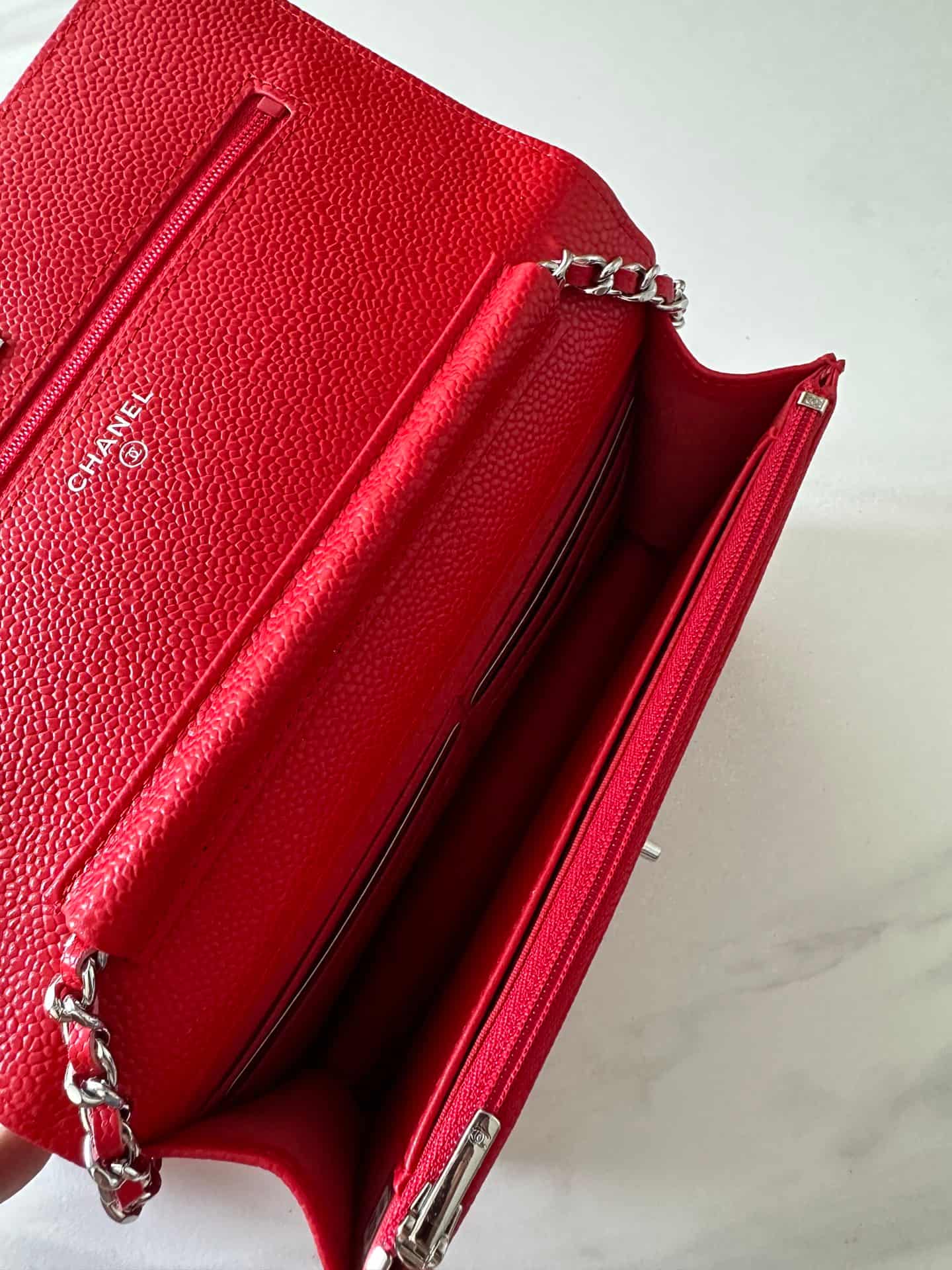 Chanel Classic Wallet on Chain Grained Shiny Calfskin & Silver-Tone Metal AP4241 Red High