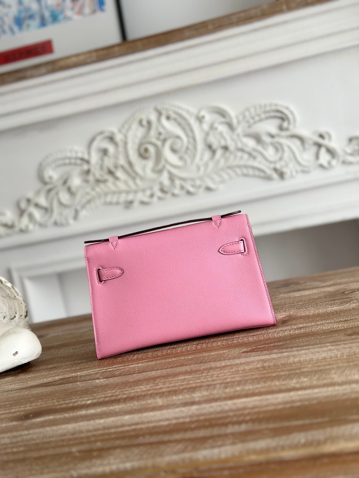 Hermes Kelly Pochette Bag Epsom Leather Silver/Gold Metal Rose Saiura WAX High