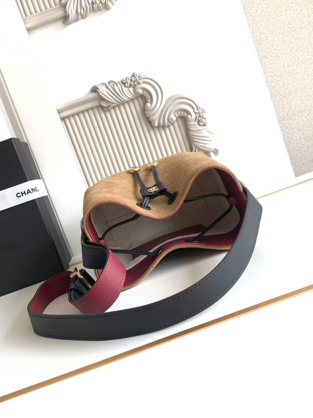 Chanel Small Bucket Bag Suede Calfskin & Gold-Tone Metal Dark Beige AS6537 A