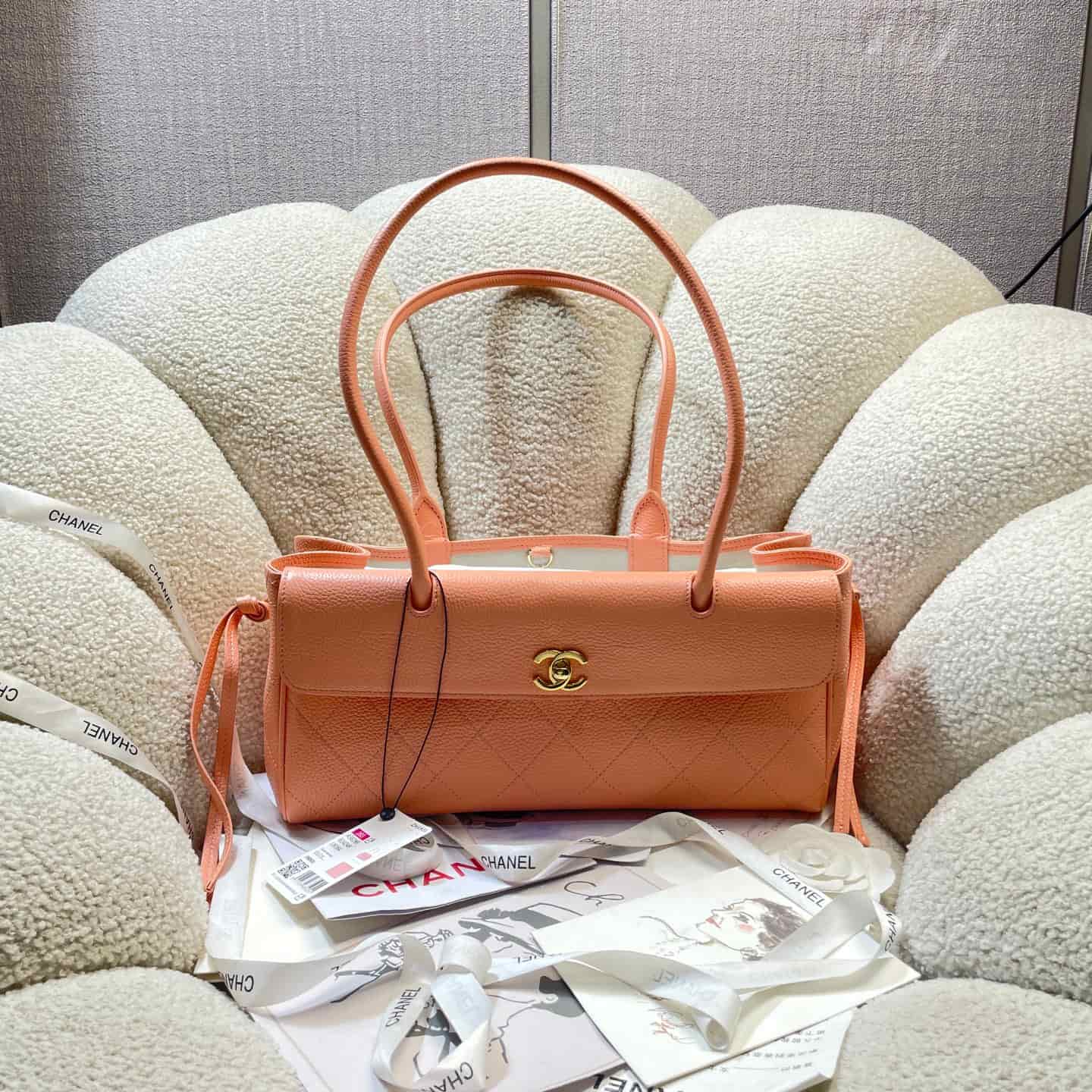 Chanel SMALL SHOPPING BAG Grained Calfskin & Gold-Tone Metal Peach-Colored AS6288 A