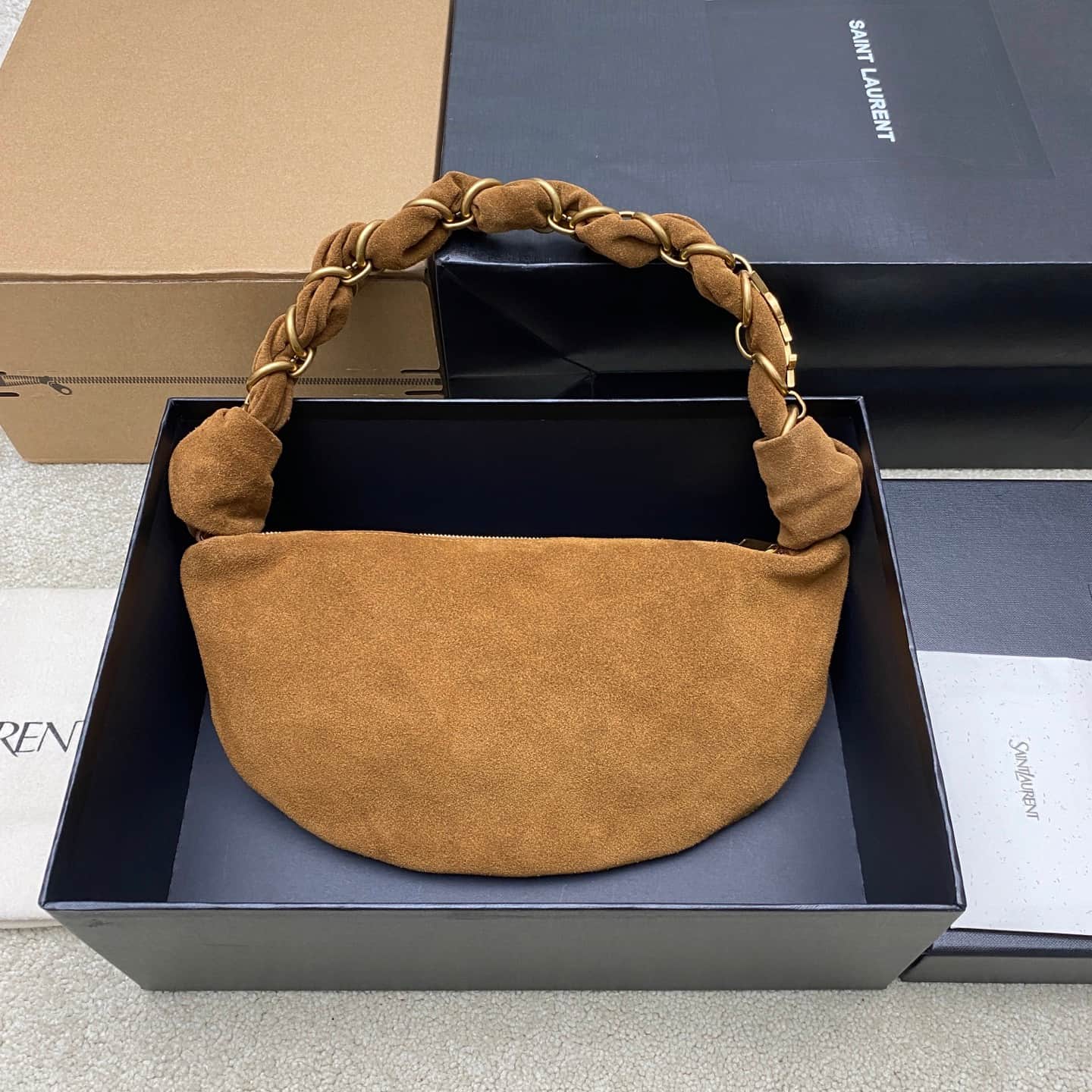 Saint Laurent AMALIA mini hobo in suede CARAMEL COGNAC 862558 High