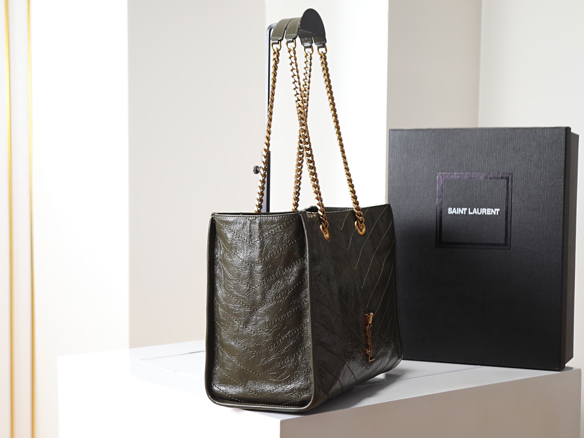 Saint Laurent Niki Shopping Tote Bag Calf Leather In Khaki Green 871151 High